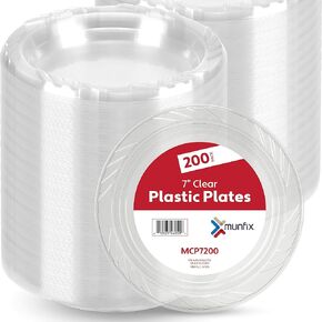 Munfix 200 Black Plastic Plates Set - 7 Inch Plastic Dessert/Salad Plates, Disposable Plates Bulk Pack, Party Plates for BBQ, Picnic, Parties, Travel and Events, Microwavable Recyclable