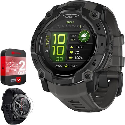 Garmin Instinct 3-45 mm في الهواء الطلق GPS Smartwatch ، AMOLED ، حزمة Tropic W/Neo Tropic Band 010-02936-01 مع 2 YR CPS Pack Pack و Deco Essentials 2x شاشة الشاشة in Kuwait