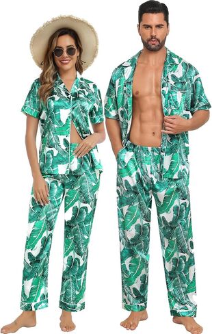 SWOMOG Couples Pajamas Sets Silk Satin Short Sleeve Sleepwear Button Down Loungewear Pjs Set with Long Pants in Saudi Arabia