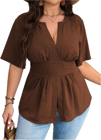 GORGLITTER Women's Plus Size Notched V Neck Peplum Tops Short Sleeve Ruffle Hem Blouse Shirts Top in Kuwait