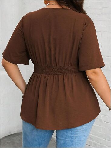 GORGLITTER Women's Plus Size Notched V Neck Peplum Tops Short Sleeve Ruffle Hem Blouse Shirts Top in Kuwait