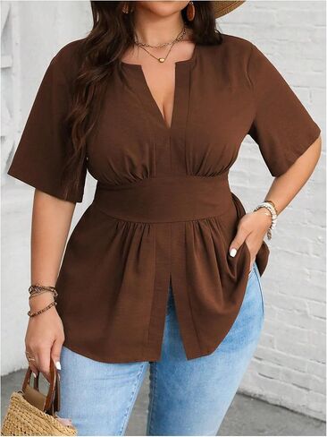 GORGLITTER Women's Plus Size Notched V Neck Peplum Tops Short Sleeve Ruffle Hem Blouse Shirts Top in Kuwait