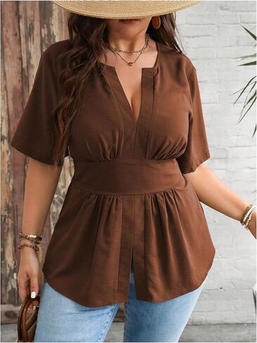 GORGLITTER Women's Plus Size Notched V Neck Peplum Tops Short Sleeve Ruffle Hem Blouse Shirts Top in Kuwait