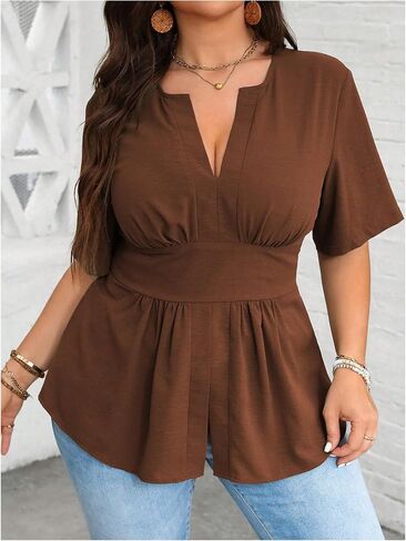 GORGLITTER Women's Plus Size Notched V Neck Peplum Tops Short Sleeve Ruffle Hem Blouse Shirts Top in Kuwait