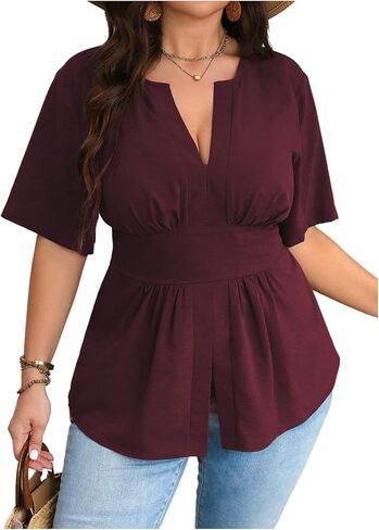 GORGLITTER Women's Plus Size Notched V Neck Peplum Tops Short Sleeve Ruffle Hem Blouse Shirts Top in Kuwait