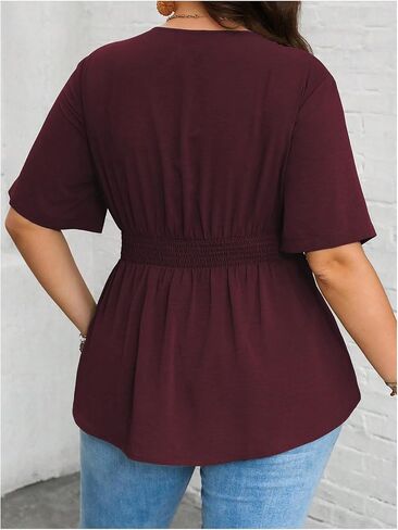 GORGLITTER Women's Plus Size Notched V Neck Peplum Tops Short Sleeve Ruffle Hem Blouse Shirts Top in Kuwait