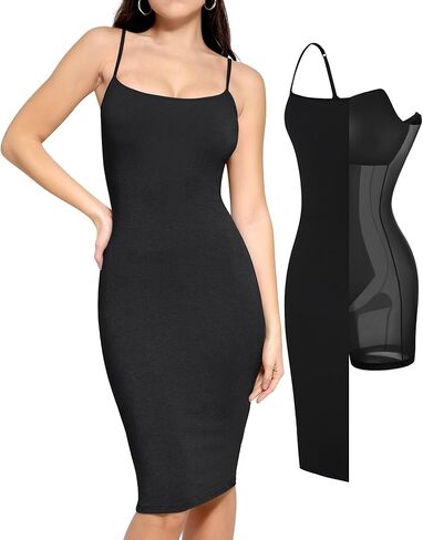 Popilush Shapewear Dress Bodycon Midi Dress Built-in Bra Summer Casual Tummy Control Slip Dress with Adjustable Straps in Kuwait