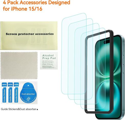 4 Pack Anti Blue Light Screen Protector for iPhone 16,iPhone15 [6.1inch] with Installation Frame,9H+ Anti Blue Light Tempered Glass, Anti-Scratch, Case Friendly in Kuwait
