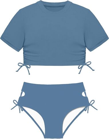 الفتيات المايوه قصيرة الأكمام ثوب السباحة الصلبة 2 قطعة الرياضة Rashguard ملابس السباحة الفتيات 7-14T in Saudi Arabia
