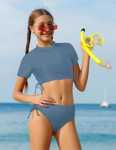 الفتيات المايوه قصيرة الأكمام ثوب السباحة الصلبة 2 قطعة الرياضة Rashguard ملابس السباحة الفتيات 7-14T in Saudi Arabia