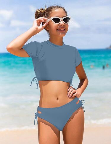 الفتيات المايوه قصيرة الأكمام ثوب السباحة الصلبة 2 قطعة الرياضة Rashguard ملابس السباحة الفتيات 7-14T in Saudi Arabia