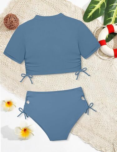 الفتيات المايوه قصيرة الأكمام ثوب السباحة الصلبة 2 قطعة الرياضة Rashguard ملابس السباحة الفتيات 7-14T in Saudi Arabia