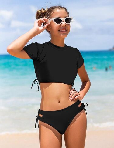 الفتيات المايوه قصيرة الأكمام ثوب السباحة الصلبة 2 قطعة الرياضة Rashguard ملابس السباحة الفتيات 7-14T in Kuwait