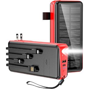 Solar Power Bank 20000mAh with AC Outlet & Built-in Cables - Fast Charging Portable Charger for Travel, Camping, Emergency Use.