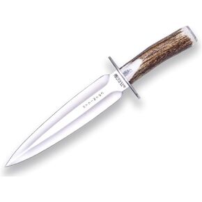 Joker Hunting Knife CC108 Colmillo, Mountaineering Knife with Deer Horn Handle, Includes Brown Leather Sheath, Tool for Fishing, Hunting, Camping and Hiking