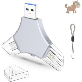 USB 3.0 Flash Drive 64gb for iPhone, 3in1 External Memory Picture Keeper Storage Stick for Photo/Video/Data Saver/Backup, V7.67High Speed Thumb Drives for iPhone/iPad/Android/PC - Blue-Gray