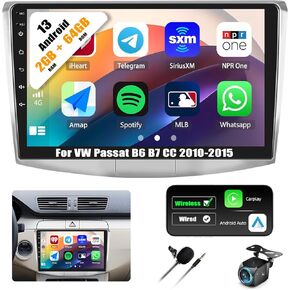 2+64G Android 13 Car Stereo for VW Passat B6 B7 CC 2010-2015 with Wireless Carplay Android Auto,9" Touchscreen VW Passat Car Radio with Mirror Link WiFi/GPS Navigation Bluetooth FM/RDS SWC+Rear Camera