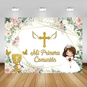 MEHOFOND Mi Primera Comunion Backdrop for Boy Baptism Christening Party Decor Greenery White Floral God Bless First Holy Communion Party Baby Shower Party Banner Photo Shoot Props 7x5ft