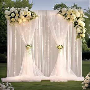 10 * 10 FT White Pearl Tulle Backdrop Curtain with Lights Strings for Wedding Baby Shower Birthday Parties Photo Decorations(2 Panels 5×10ft)
