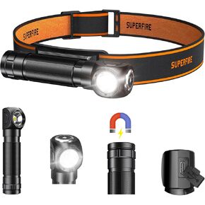 SuperFire 600 Lumens Headlamp Flashlight for Adults Rechargeable, Head Lamps LED Super Bright with 5 Light Modes, TH06 Waterproof Head Flashlight with Magnetic Base for Working, Running, Camping