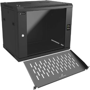 9U Wall Mount Rack Server Rack Enclosure with 2 Cooling Fans, Glass Door, 17.7inch Deep & 1U 10inch Deep Server Rack Shelf