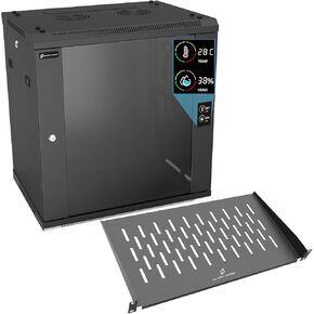 12U Wall Mount Rack Server Rack Enclosure with 2 Cooling Fans, Glass Door, 17.7inch Deep & 1U 10inch Deep Server Rack Shelf