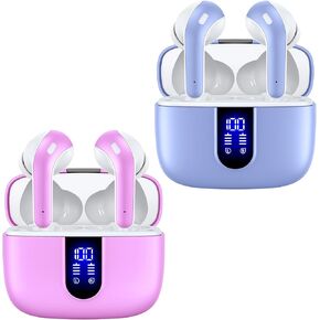 TAGRY 2 Sets X08 Purple and Sunset Pink Bluetooth Headphones True Wireless Earbuds 60H Playback Ear Buds with Wireless Charging Case in-Ear Earbuds with Mic