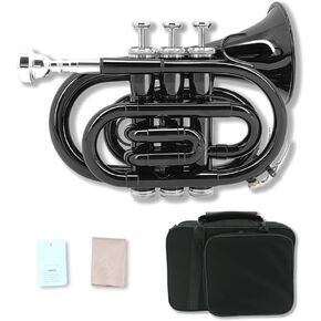 Brass Pocket Trumpet Bb Key Nickel Plated with Mouthpiece 7C, Cleaning Kit, Carrying Case, Gloves for Beginners/Students (Golden)