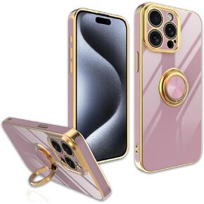 Dahkoiz for iPhone 15-Pro-Max Case, Multi-Function Finger Ring Stand, Upgrade Camera Protection, Plating Gold Edge Slim Cover Phone Case for iPhone 15 Pro Max, Black