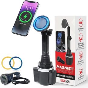 Cup Holder Charger Mount for Magsafe - 15W Wireless Charger with QC Adapter, Strong Magnetic Cup Holder Phone Mount Holder, Adjustable Car Mount for iPhone 12/13/14, Includes Car Charger & Cable