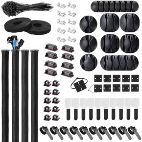 173 PCS Cable Management Kit 4 Cable Sleeve ، 28 مقاطع كابل لاصقة ذاتية ، 29 حاملي من الأسلاك ، 10+2 أشرطة منظم الكابلات و 100 علاقات كبل تثبيت لجهاز الكمبيوتر التلفزيوني تحت المكتب (أسود)