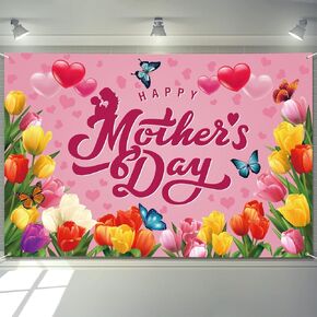 Mothers Day Banner 72" x 48" Decorations Backdrop Happy Mother's Day Flowers Tulip Yellow Photography Background Seasonal Holiday Backdrop for Indoor Outdoor Garden,Yard,Party Home Decorations