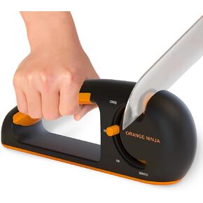 Orange Ninja 4-Stage Knife Sharpener -Kitchen & Serrated Knife Sharpener - Manual Knife Blade Sharpener tool for Kitchen, Chef, filet Knives by Sharp Pebble