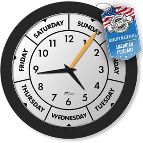 Time & Week-Day Wall Clock with Solid Plastic Frame – Weekly Analog Clock with Days, Hours & Minutes – Quiet Wall Mounted Clock - Ideal Retirement Gift for Men & Women, Black, 12"