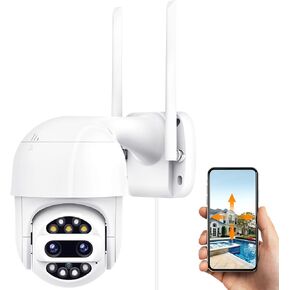 Wireless Security Cameras Outdoor, 1080P Dual-Lens PTZ Home Security Camera with 360° Color Night Vision, 2-Way Audio, Auto Tracking, IP65 Waterproof, SD/Cloud Storage