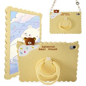 for iPad 10th Gen Case 2022 Kids Silicone Case, Girl Boy Cute Cover Kawaii Cartoon Cookie Bear with 360° Rotating Stand/Shoulder Strap,Tablet Cover for iPad 10.9 Inch, Beige