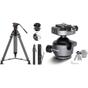 NEEWER LL36 78" Video Tripod with Fluid Head, GM41 Low Profile Tripod Ball Head, One Step Fast Lock Carbon Fiber DSLR Tripod, Professional Heavy Duty Camera Tripod with Damping Adjustable, QR Plate