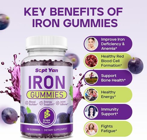 Iron Gummies for Women and Men, Iron Supplement with Calcium, Zinc, Folate & Vitamin B12, C, B6, D3&K12 for Blood Builder & Energy Support & Bone Health for Iron Deficiency Anemia Vegan, 60ct in Saudi Arabia