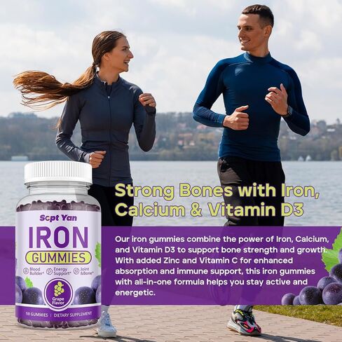 Iron Gummies for Women and Men, Iron Supplement with Calcium, Zinc, Folate & Vitamin B12, C, B6, D3&K12 for Blood Builder & Energy Support & Bone Health for Iron Deficiency Anemia Vegan, 60ct in Saudi Arabia