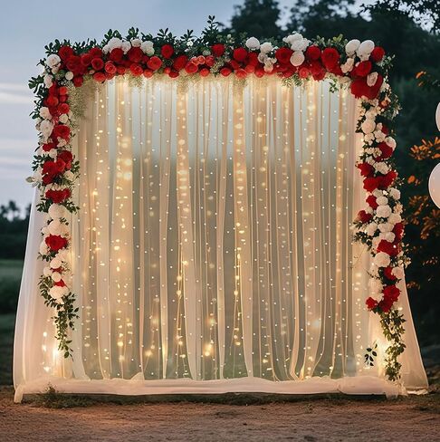 10 * 10 FT White Pearl Tulle Backdrop Curtain with Lights Strings for Wedding Baby Shower Birthday Parties Photo Decorations(2 Panels 5×10ft) in Saudi Arabia