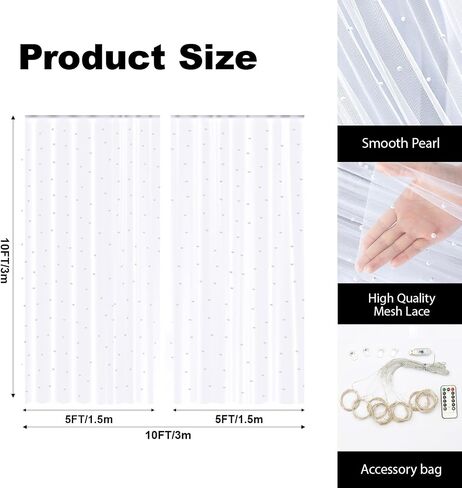 10 * 10 FT White Pearl Tulle Backdrop Curtain with Lights Strings for Wedding Baby Shower Birthday Parties Photo Decorations(2 Panels 5×10ft) in Saudi Arabia