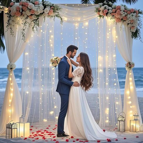 10 * 10 FT White Pearl Tulle Backdrop Curtain with Lights Strings for Wedding Baby Shower Birthday Parties Photo Decorations(2 Panels 5×10ft) in Saudi Arabia