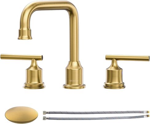 Black and Gold Bathroom Faucet: WOWOW Widespread Bathroom Sink Faucet 3 Hole with Pop-up Drain and Supply Lines, 8 Inch Vanity Faucet 3 Pieces Basin Tap 2 Handle Modern (2 Pack) in Saudi Arabia