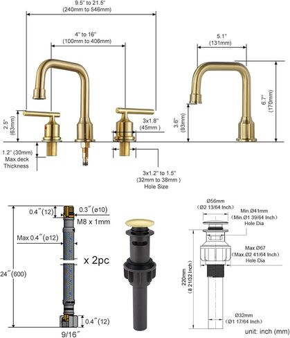 Black and Gold Bathroom Faucet: WOWOW Widespread Bathroom Sink Faucet 3 Hole with Pop-up Drain and Supply Lines, 8 Inch Vanity Faucet 3 Pieces Basin Tap 2 Handle Modern (2 Pack) in Saudi Arabia