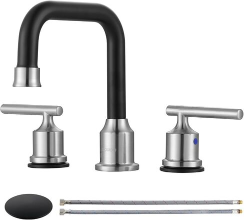 Black and Gold Bathroom Faucet: WOWOW Widespread Bathroom Sink Faucet 3 Hole with Pop-up Drain and Supply Lines, 8 Inch Vanity Faucet 3 Pieces Basin Tap 2 Handle Modern (2 Pack) in Saudi Arabia