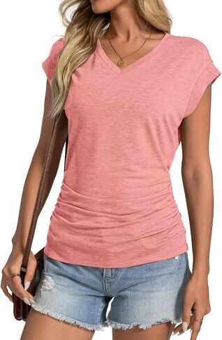 Womens Summer Cap Sleeve Ruched Tops V Neck T Shirts Casual Short Sleeve Shirts Loose Fit Spring Outfit 2025 in Kuwait