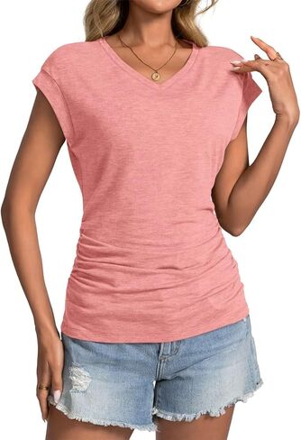 Womens Summer Cap Sleeve Ruched Tops V Neck T Shirts Casual Short Sleeve Shirts Loose Fit Spring Outfit 2025 in Kuwait