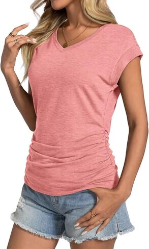 Womens Summer Cap Sleeve Ruched Tops V Neck T Shirts Casual Short Sleeve Shirts Loose Fit Spring Outfit 2025 in Kuwait