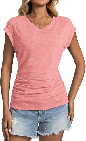 Womens Summer Cap Sleeve Ruched Tops V Neck T Shirts Casual Short Sleeve Shirts Loose Fit Spring Outfit 2025 in Kuwait