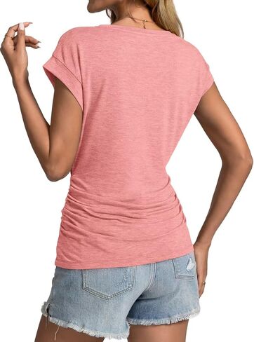 Womens Summer Cap Sleeve Ruched Tops V Neck T Shirts Casual Short Sleeve Shirts Loose Fit Spring Outfit 2025 in Kuwait